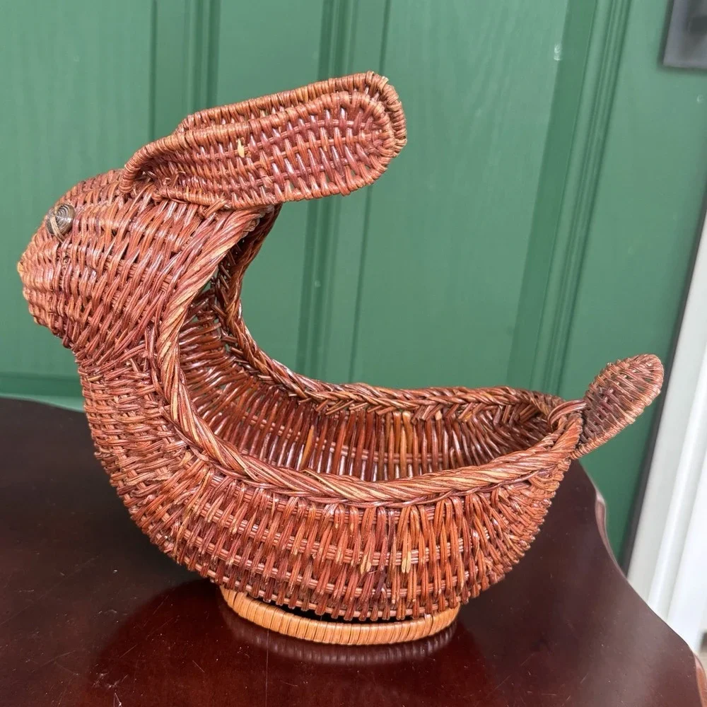 Vintage Wicker Rattan Bunny‎ Rabbit Planter Basket Cottagecore Retro Decor